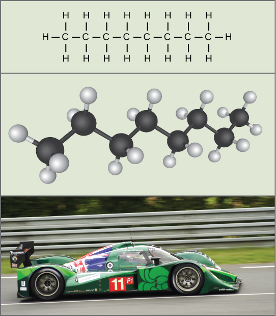 La formule moléculaire de l'octane (en haut), qui est une chaîne de huit atomes de carbone et de dix-huit hydrogènes, alimente une voiture de course qui accélère le long d'une piste (en bas).