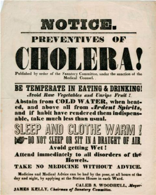 يحذر هذا الملصق الذي يعود لعام 1866 الناس من وباء الكوليرا ويقدم نصائح للوقاية من المرض.