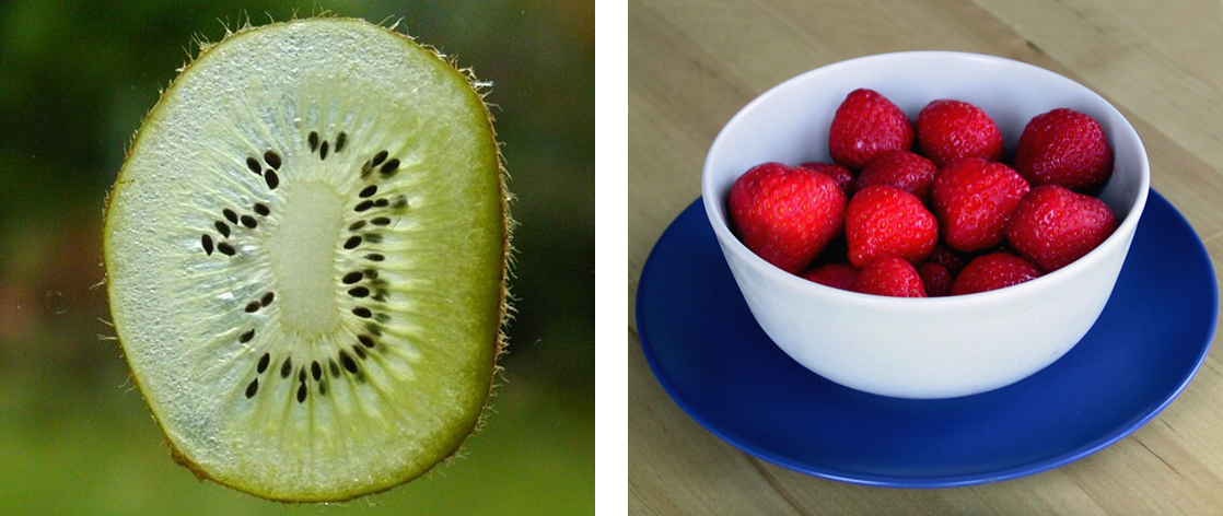 Les photographies montrent une fine tranche de kiwi vert et un bol de fraises.