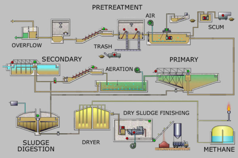 The flow of sewage through each step in a wastewater treatment plant
