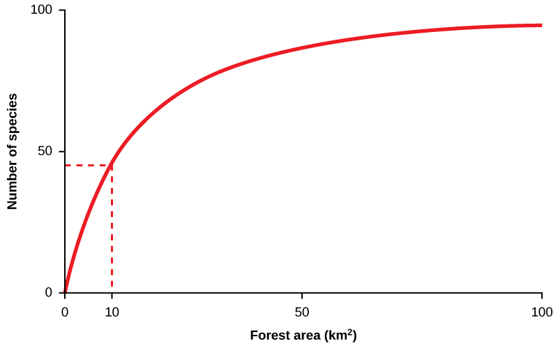 La gráfica muestra que el número de especies aumenta con la superficie forestal, variando de 0 a 100 kilómetros cuadrados, pero la tasa de incremento se ralentiza.