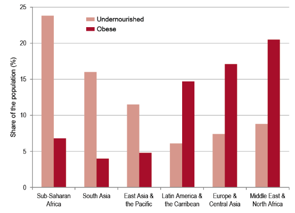 Bar graph of undernourishment and obesity in six regions of the world. The two are not necessarily correlated.