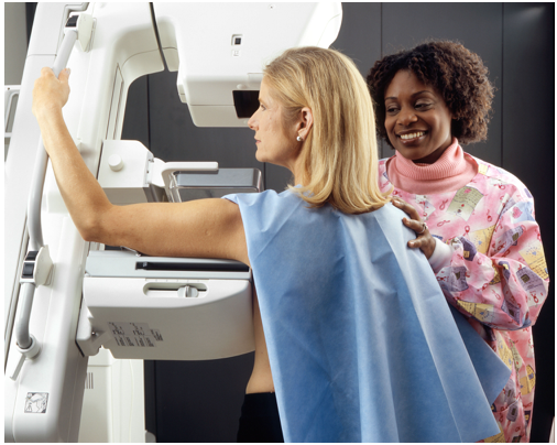 Woman receives mammogram 