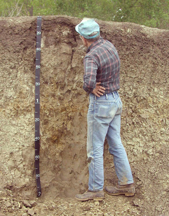A foto mostra um homem parado ao lado de uma parede de terra em um poço tão profundo quanto alto.