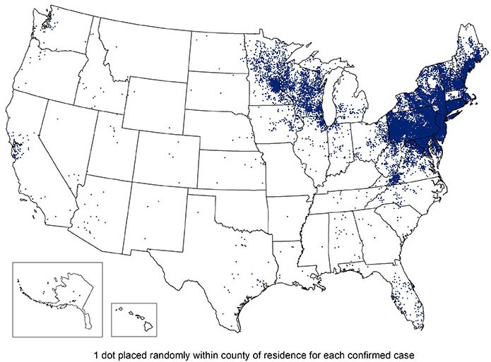 U.S. map showing reported cases of Lyme Disease at a county-wide level for 2017