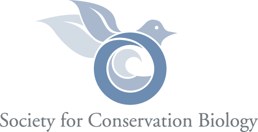 The logo for the Society for Conservation Biology is shown, represented by a circle enclosing a wave, with a bird head and leaf wings.