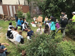 Personas de diferentes edades se reúnen afuera para la educación de las abejas
