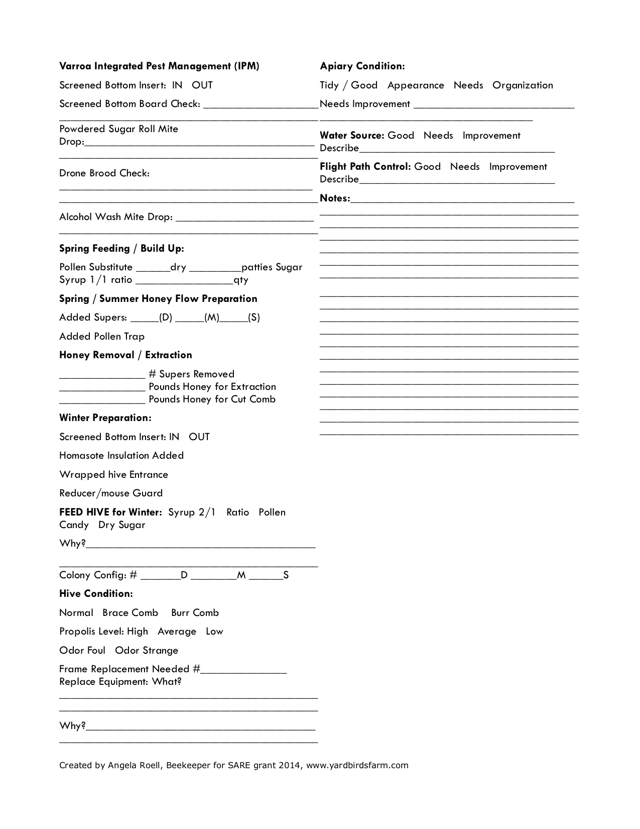 Página 2 del formulario de hoja de inspección de colmena