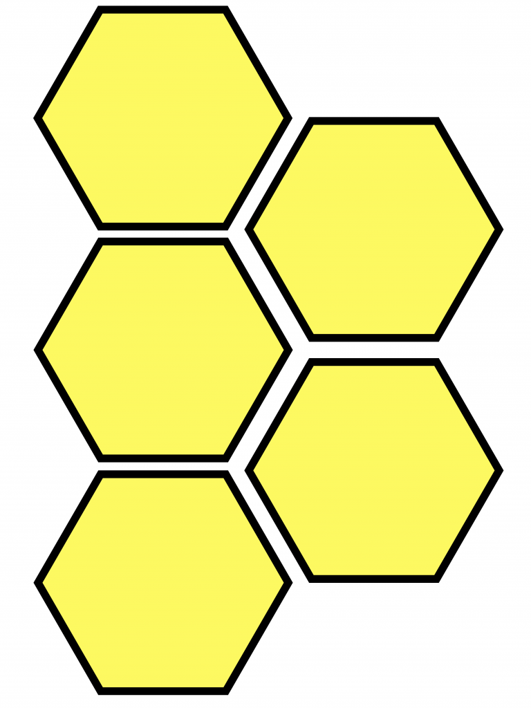 Diagrama de 5 hexágonos amarillos con bordes negros para proyectos cartográficos