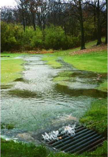 Surface runoff pools in a grassy depression and flows into a storm drain