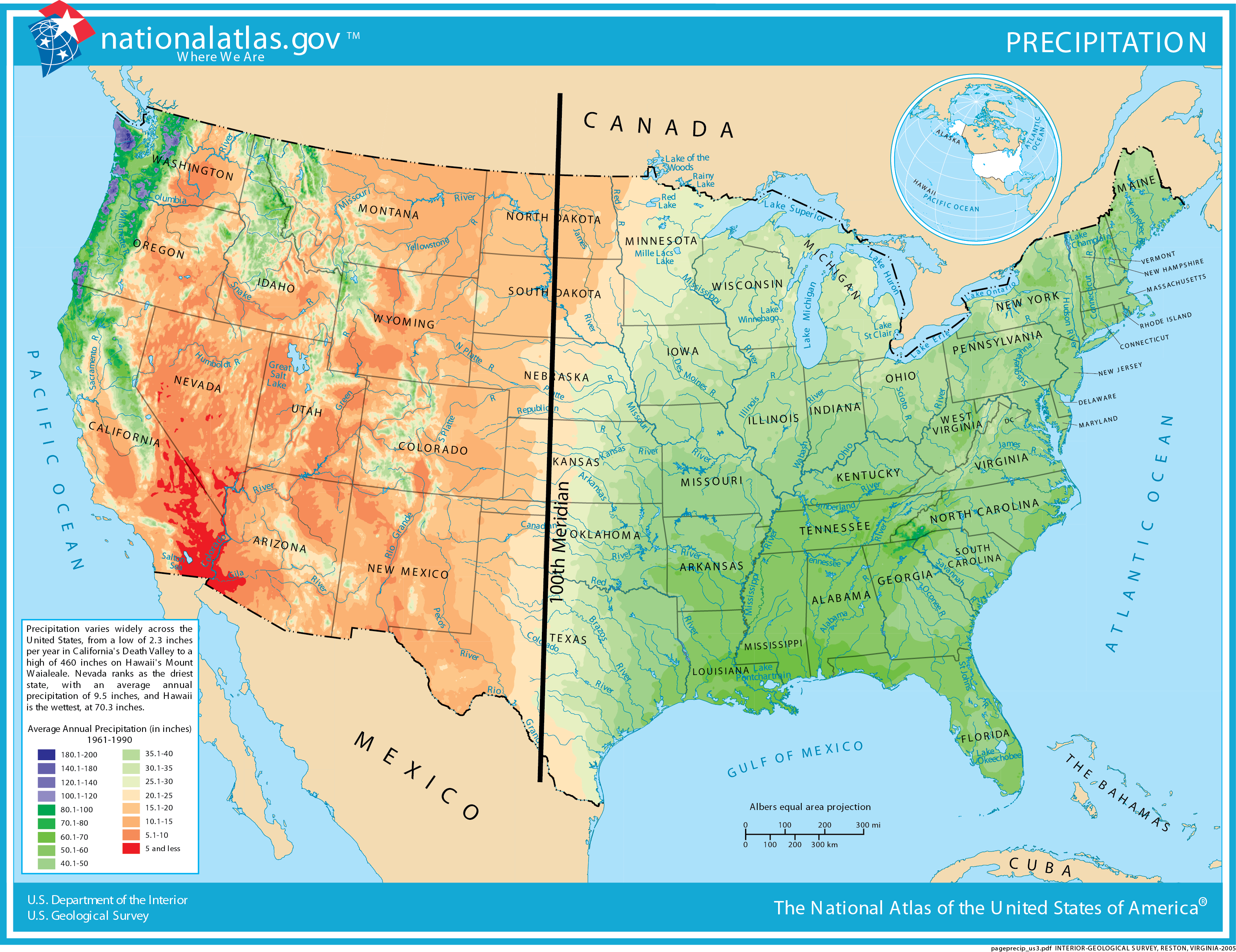 This map of the United States shows the distribution of precipitation across the country, with drier regions in the West and more humid regions in the East. The 100th Meridian runs from North Dakota through Texas, marking a general transition between average precipitation on either side of the country.