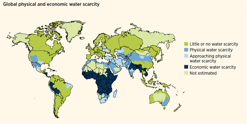 Global physical and economic water scarcity are color coded on a world map