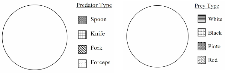 Two empty pie charts for prey and predator populations. Keys are provided with different patterns for the 4 kinds of prey and predators.
