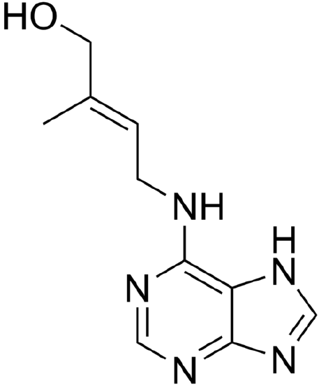 Chemical formula of zeatin, a naturally occurring cytokinin. It has two fused carbon rings and a hydrocarbon chain.