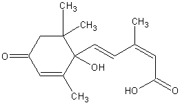 Structural formula of abscisic acid. It has a carbon ring with a long carbon chain supporting a carboxyl group (COOH).