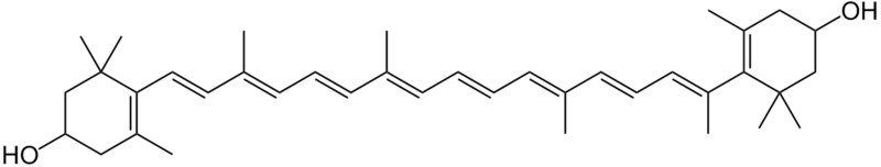 The chemical structure of the carotenoid zeaxanthin. Two carbon rings are attached by a long carbon chain.
