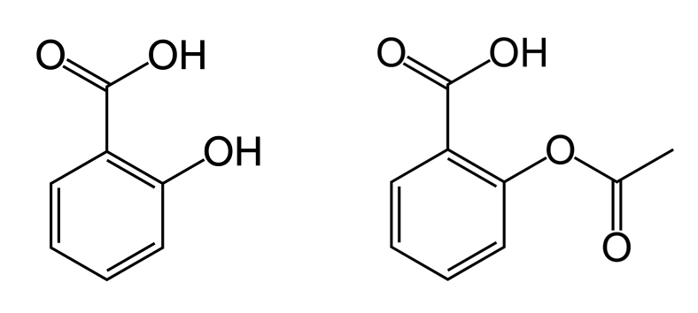 Fórmula estructural de ácido salicílico (izquierda) y aspirina (derecha)