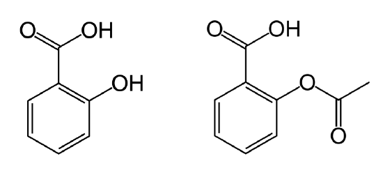 Structural formula of salicylic acid (left) and aspirin (right)