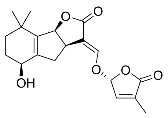 Structural formula of (+)-strigol, a strigolactone. It contains several carbon rings.