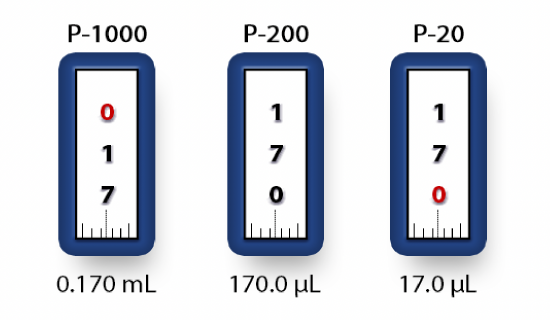 3 digit number scale in 3 common sizes of micropipettes, the example setting is labeled with the volume that will be dispensed for each micropipette.