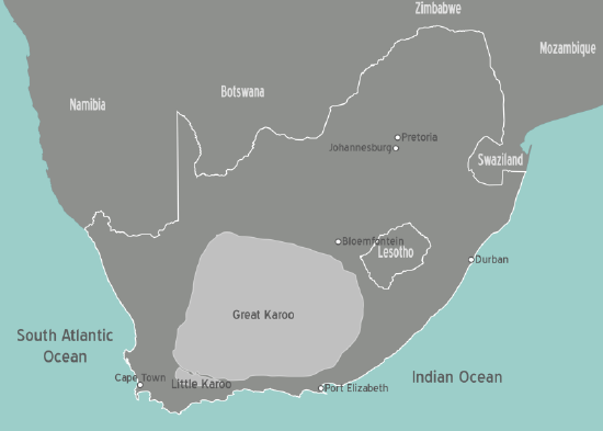 A map of South Africa, The Karoo spans much of the southern, central region of the country.