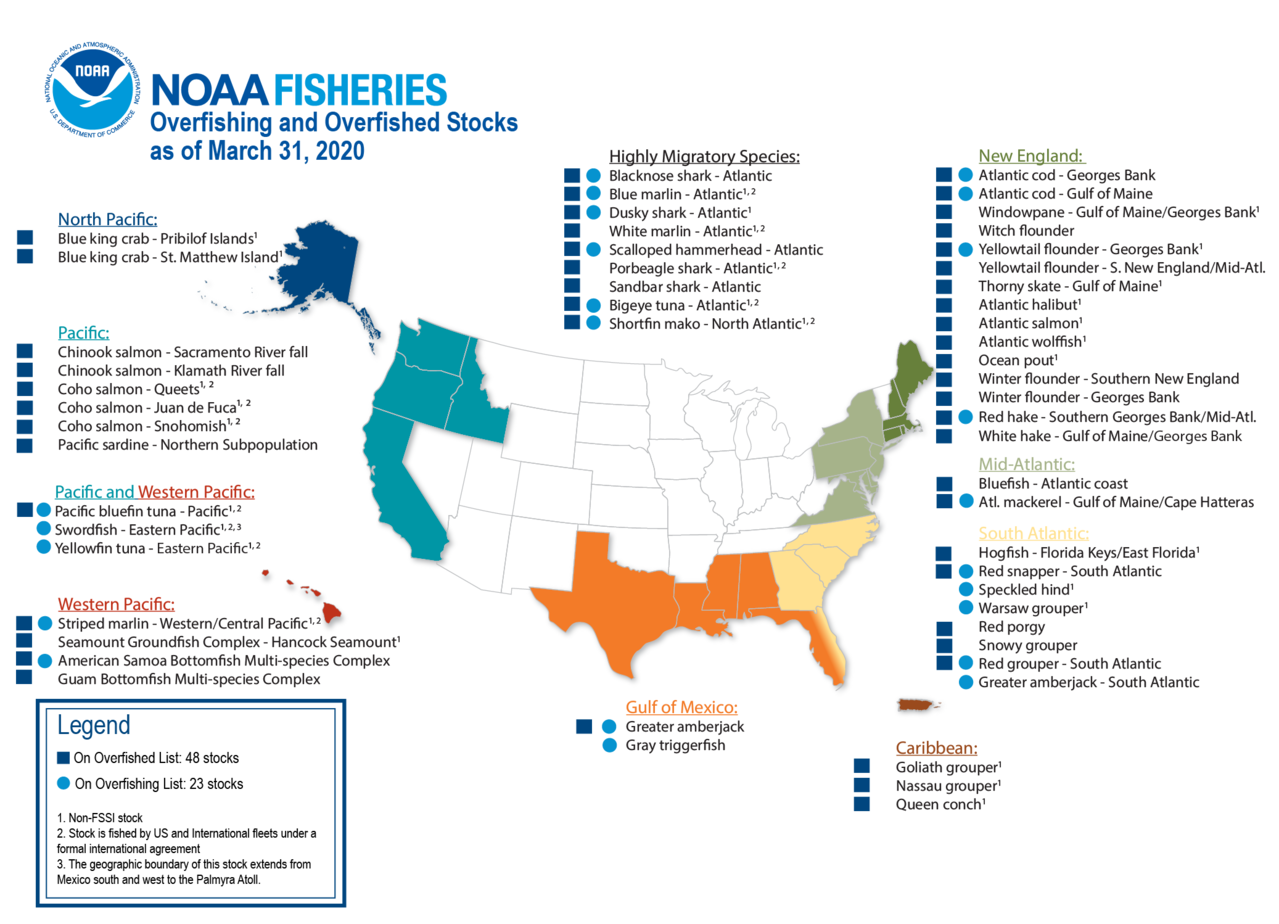 Mapa muestra las acciones en Estados Unidos por región a marzo de 2020. Cuarenta y ocho poblaciones están en la lista de sobrepesca y 23 están en la lista de sobrepesca.