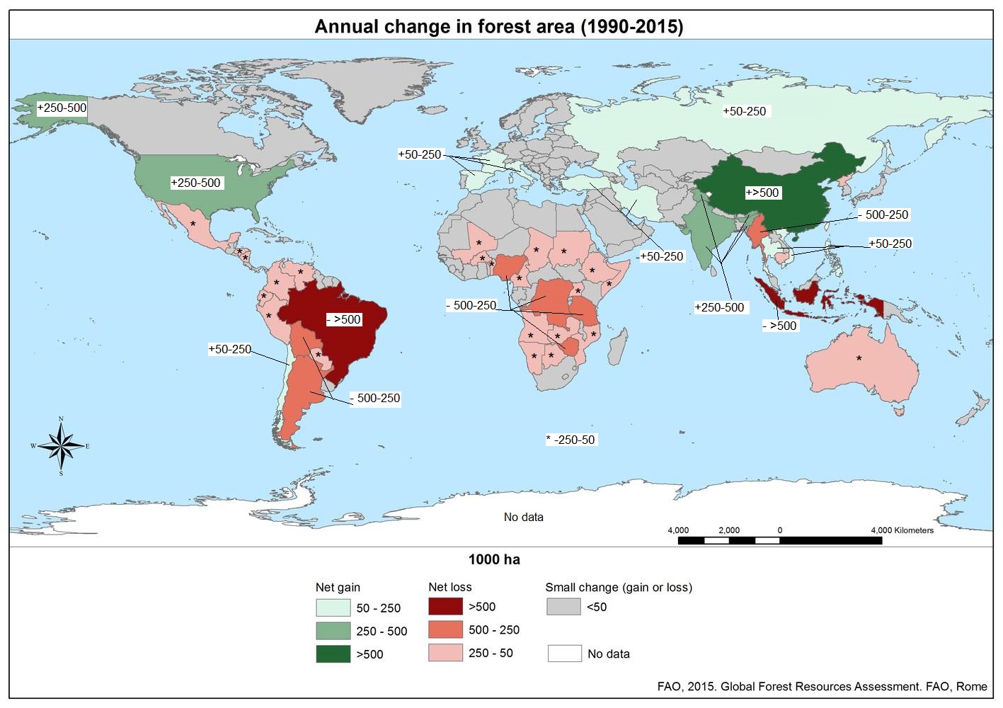 World map indicating change in forest area. Temperate regions are gaining forest area, but tropical regions are losing forest area.