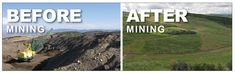 Maquinaria pesada y suelo oscuro y rocas (izquierda, antes de la minería) y un paisaje verde pero mayormente desprovisto de árboles (derecha, después de la minería)