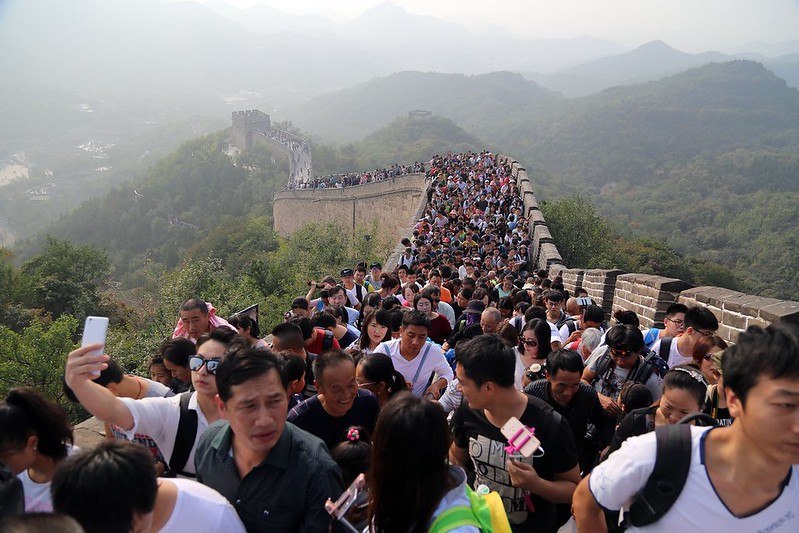 A crowd of people on the Great Wall of China