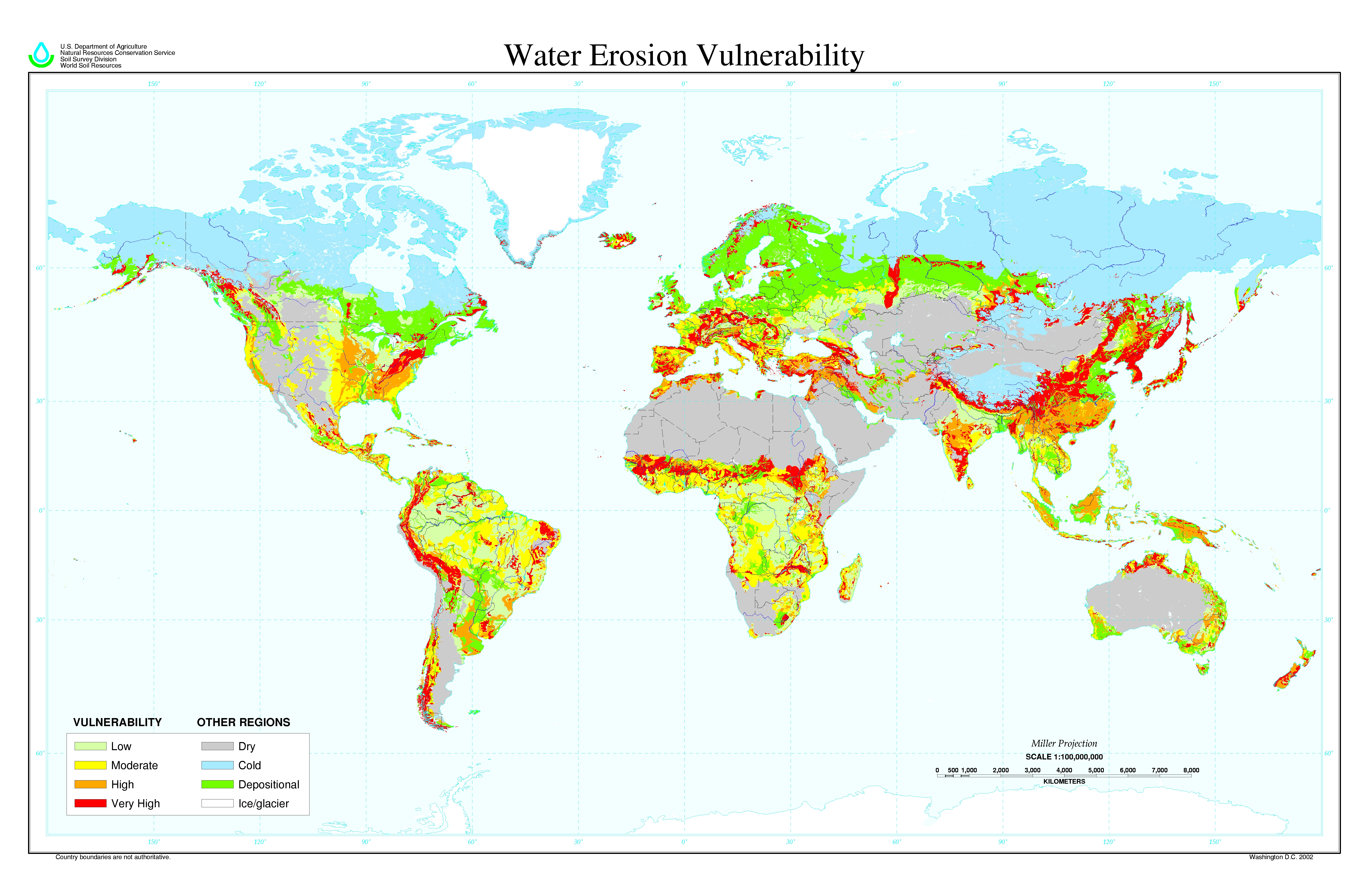 A world map identifying areas vulnerable to water erosion