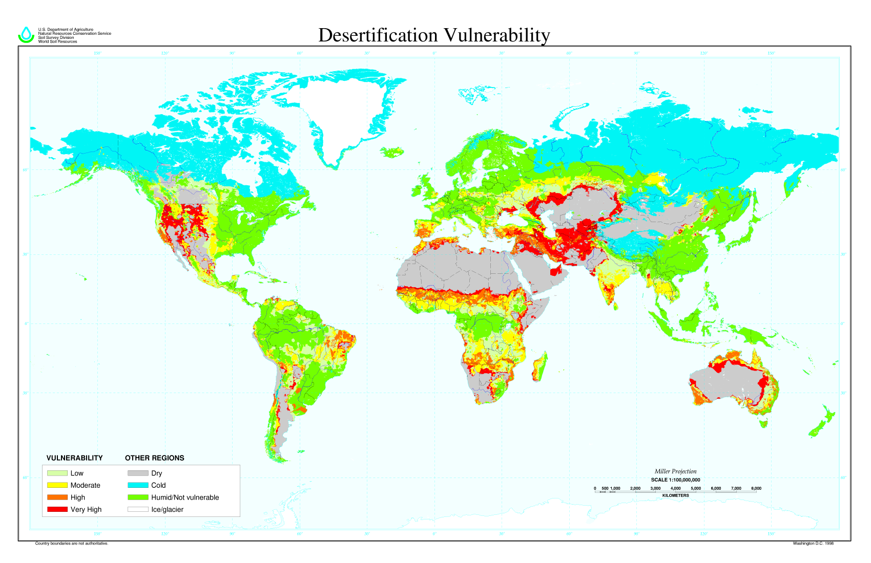 Mapa mundial que muestra el oeste de Estados Unidos y partes de África, Oriente Medio y Australia en alto riesgo de desertificación