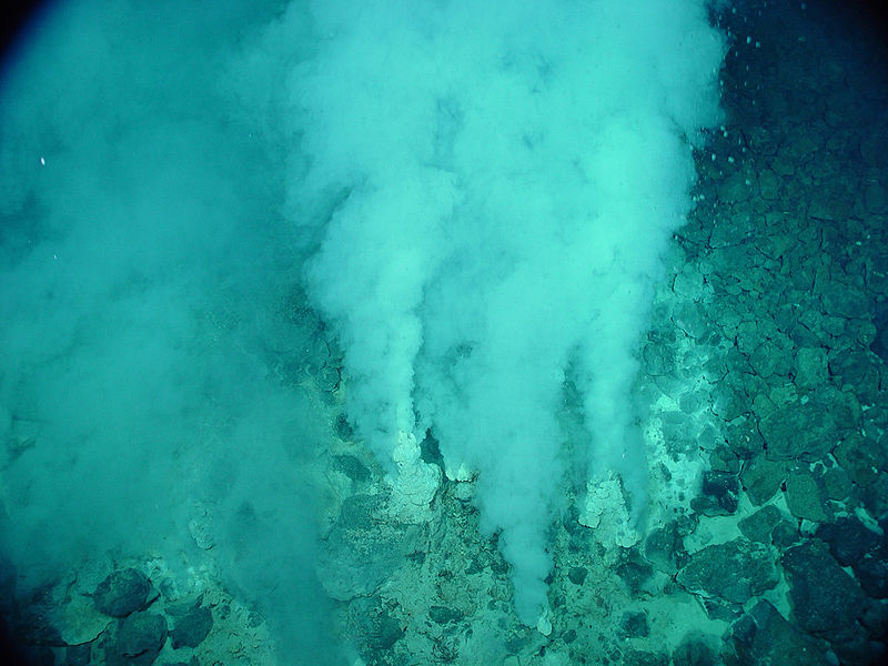 White plumes extend from the rocky ocean floor