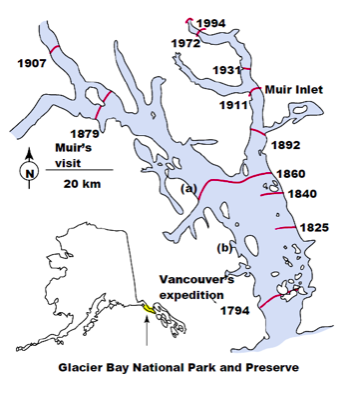 Map of the retreating glaciers at Glacier Bay National Park