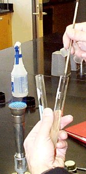 The wire loop is lowered into the other test tube to transfer the sample.