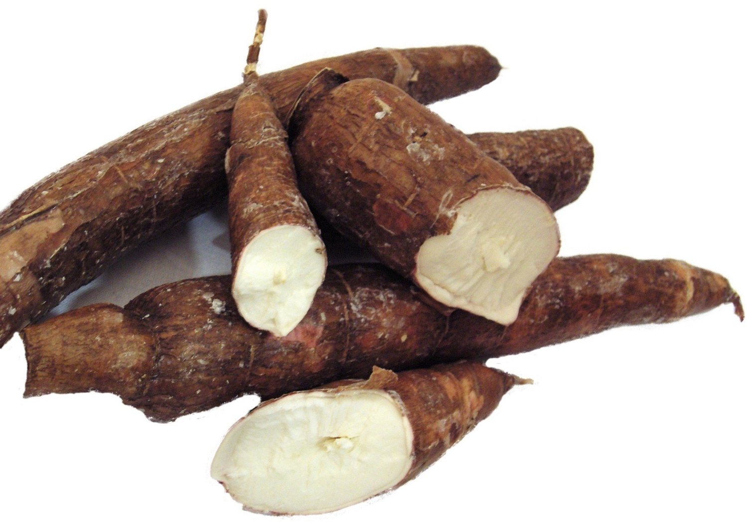 Cassava tubers are long, brown roots. One is broken open revealing broken interior.