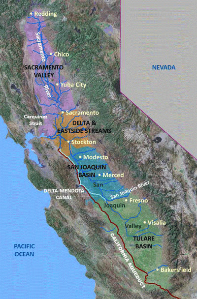 A map of California with a long strip through the middle of the state, the Central Valley, highlighted