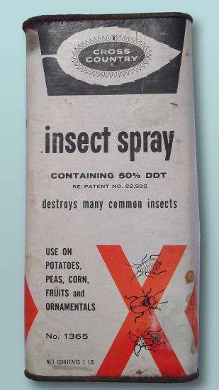 A bag of DDT powder. It is a white container with outlines of insects and a red "X".