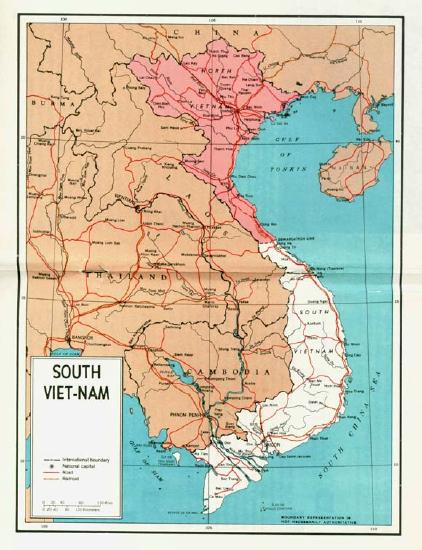 An old map shows North Vietnam separated from South Vietnam