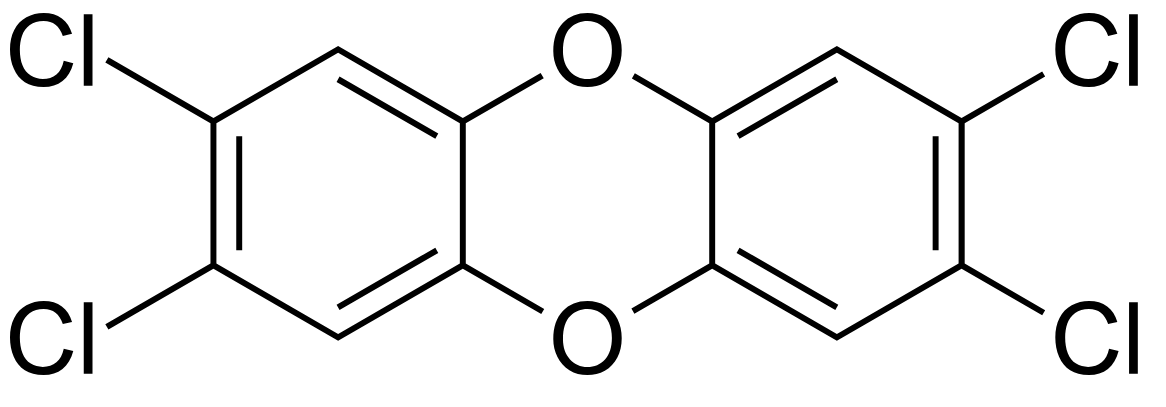 A fórmula estrutural do TCDD, mostrando três anéis fundidos