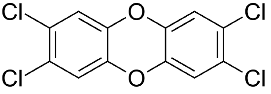 The structural formula of TCDD, showing three fused rings