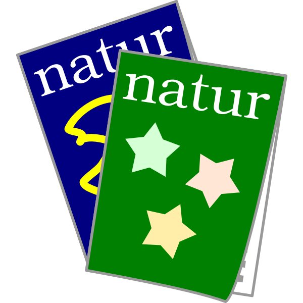 Duas revistas científicas intituladas “Natur”. Uma é verde com estrelas na capa e a outra é azul escura com uma linha amarela sinuosa.