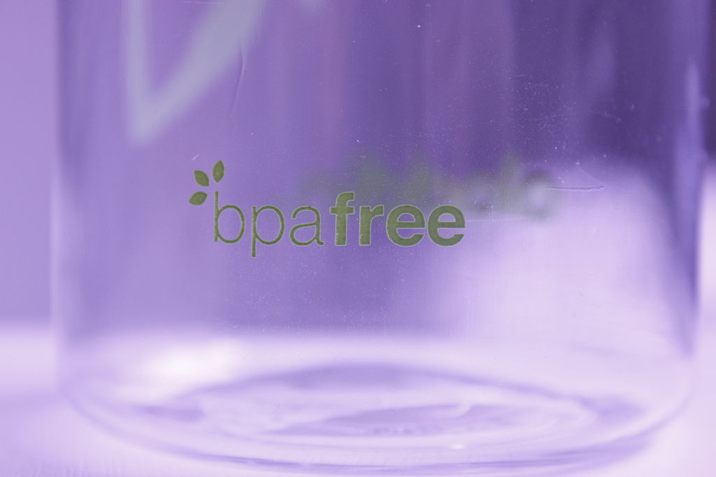 The bottom of a water bottle labeled "BPA free". This information is incorporated into a leaf logo.