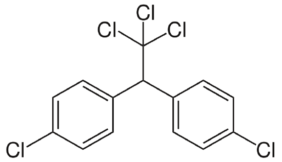 Chemical structure of DDT consists of two carbon rings, each with a chlorine attached and a separate carbon surrounded by three chlorine atoms