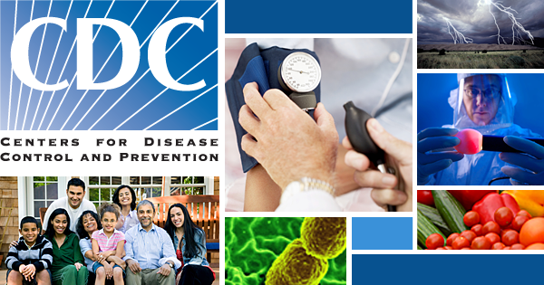 Collage with the CDC logo, a family, microorganisms, a blood pressure cuff, lightning, lab work, and produce