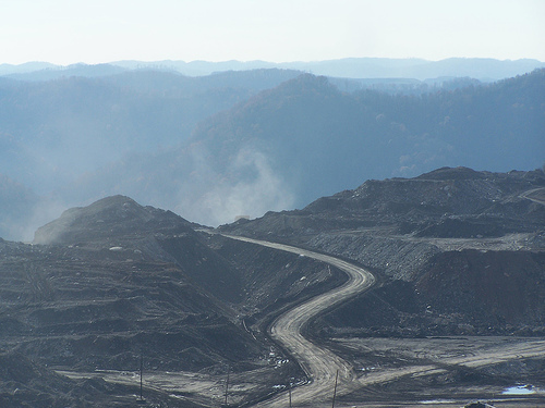 The barren flattened landscape of a mountaintop removal site