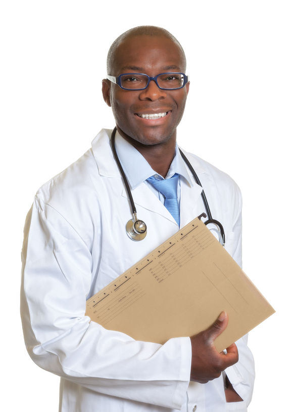 A doctor holding a file folder of information