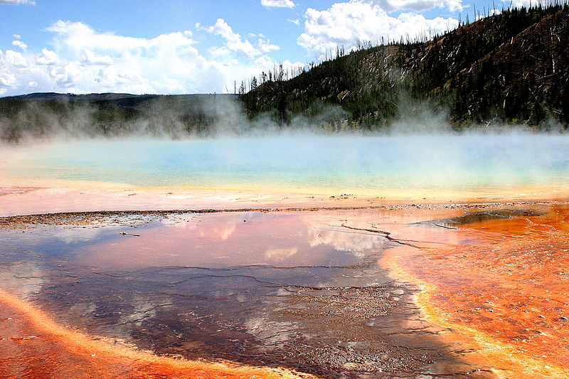 The image shows a hot spring with steam rising off of it.