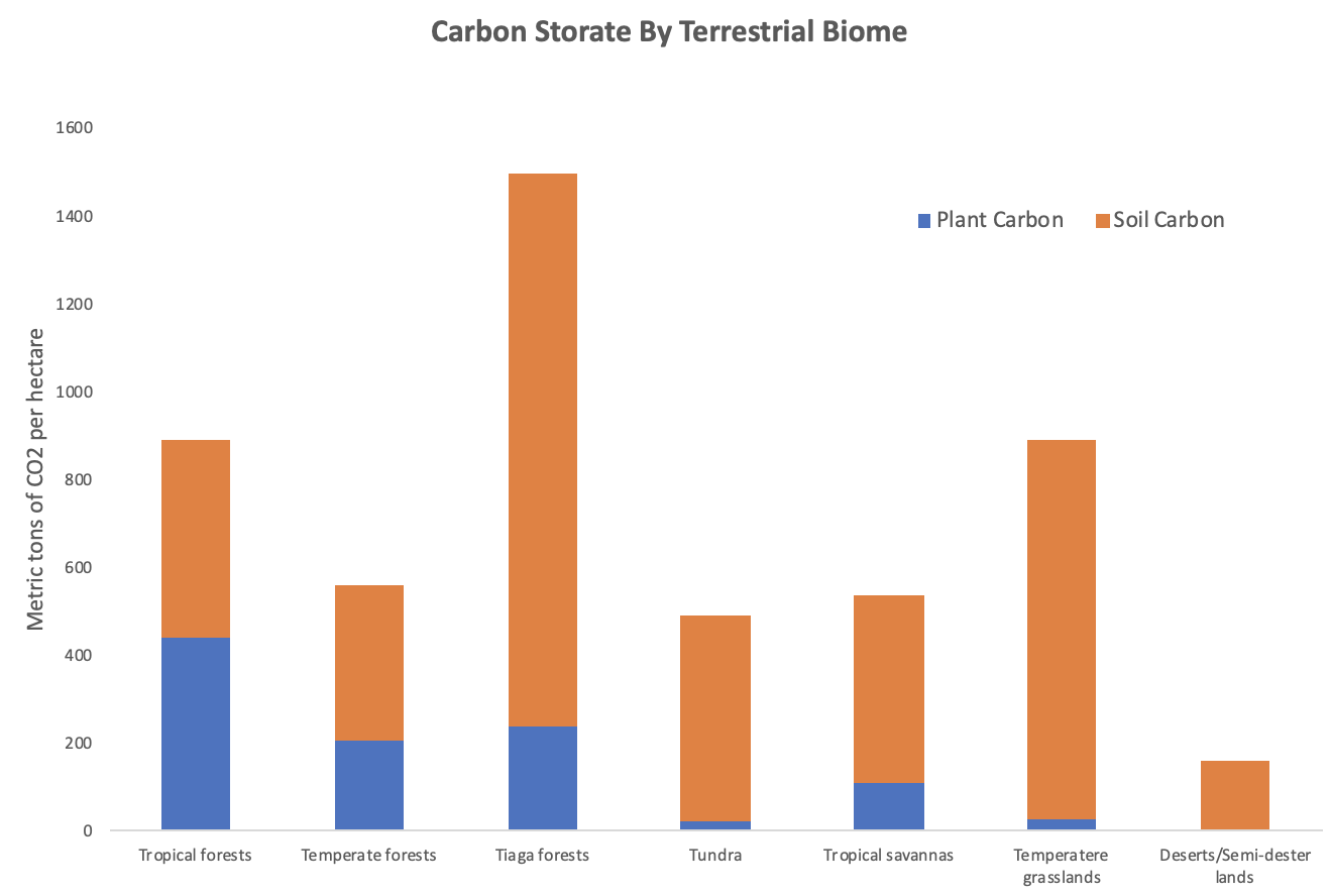 Stacked bar graph illustrating carbon storage above and below ground for various biomes.