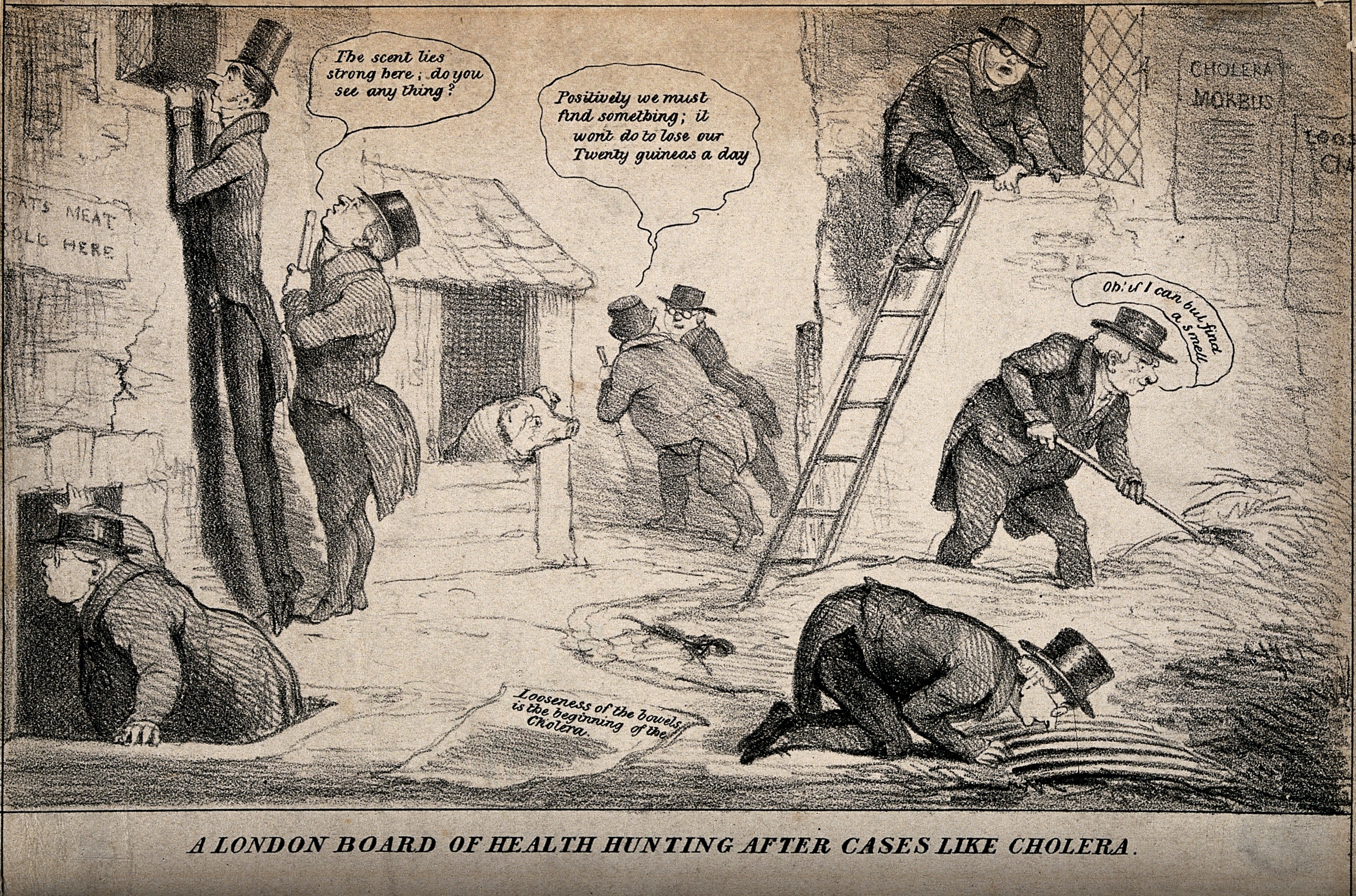 Cholera cartoon from paper 1854. All the people in the cartoon are looking in places that don't make any sense for Cholera (including windows, bails of hay, and in basements)