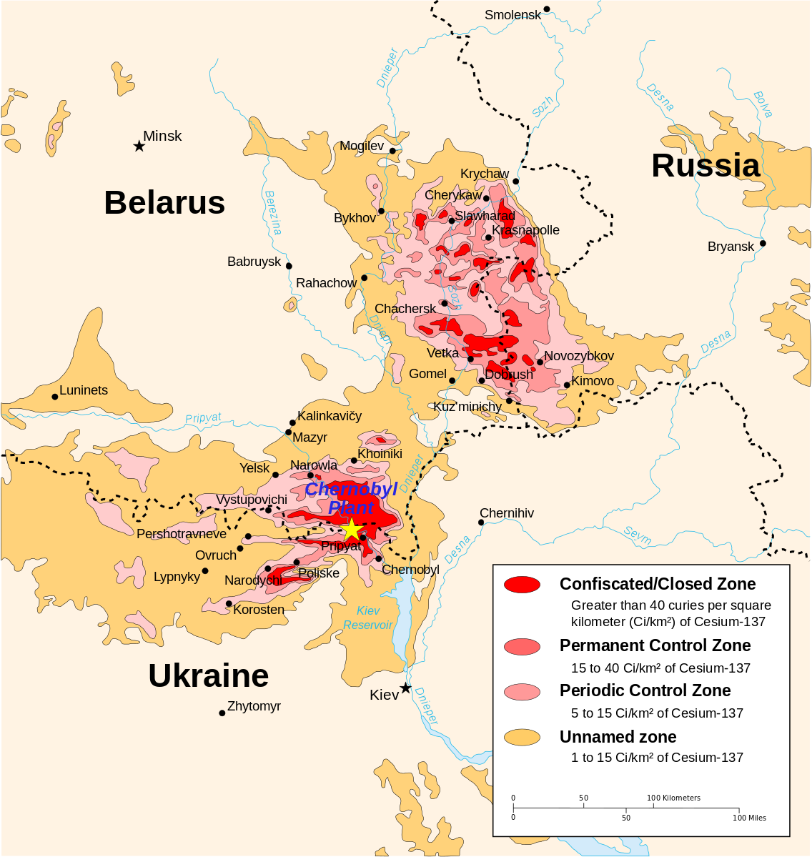 Chernobyl radiation map illustrating various zones of human activity post disaster. Areas closer to disaster zone have much higher concentration of radiation leading to more sever access to the site.